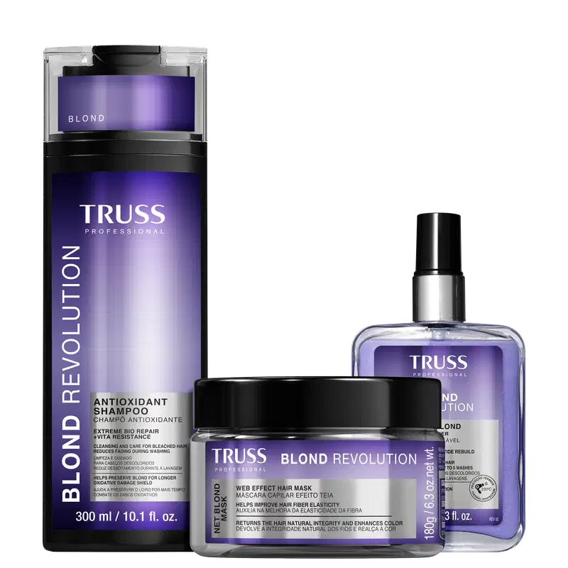 Kit com shampoo, máscara e finalizador Blond Revolution da marca TRUSS.
