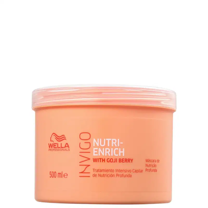 O produto apresentado é um creme de tratamento para cabelos da marca Wella Professionals, da linha Nutri-Enrich. A embalagem é um pote plástico de cor laranja, com tampa branca, contendo 500 ml do produto.
