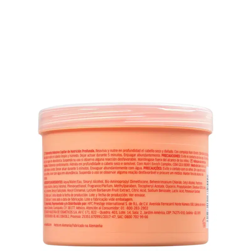 O produto apresentado é um creme de tratamento para cabelos da marca Wella Professionals, da linha Nutri-Enrich. A embalagem é um pote plástico de cor laranja, com tampa branca, contendo 500 ml do produto.