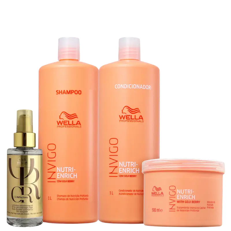 A imagem mostra produtos da marca Wella Professionals. Há dois frascos grandes de 1 litro, um rotulado como "Shampoo" e outro como "Condicionador". Também há um frasco menor de óleo para cabelos, rotulado como "Reflections", e um pote de máscara capilar.