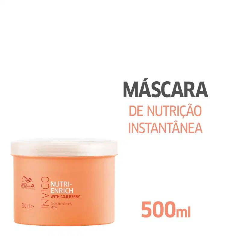 O produto apresentado é um creme de tratamento para cabelos da marca Wella Professionals, da linha Nutri-Enrich. A embalagem é um pote plástico de cor laranja, com tampa branca, contendo 500 ml do produto.
