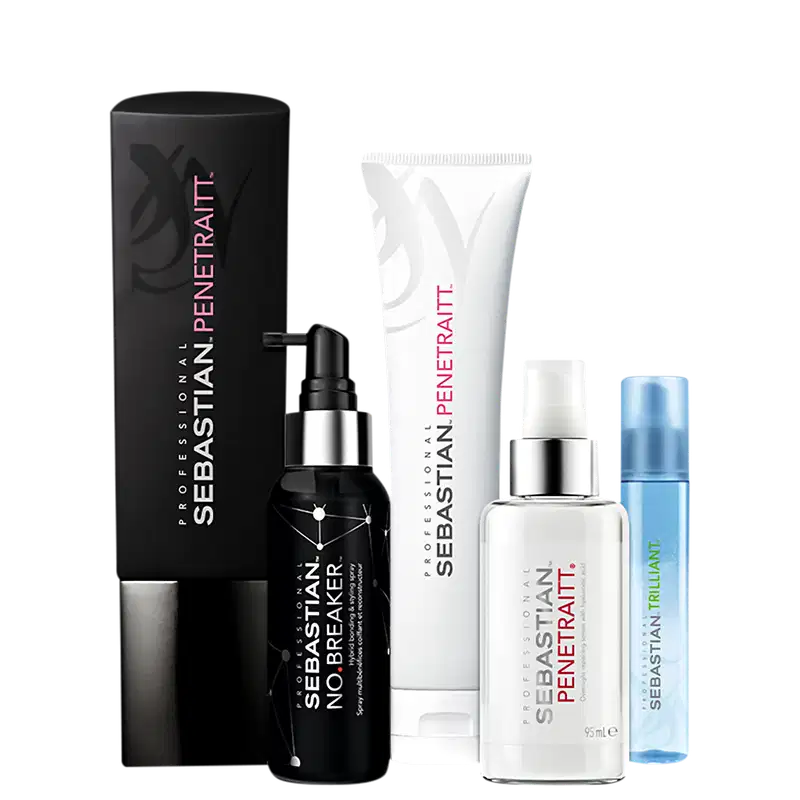 Kit com shampoo, máscara e sérum Penetraitt, além de leave-in No.Breaker e protetor térmico Trilliant, todos da marca Sebastian Professional