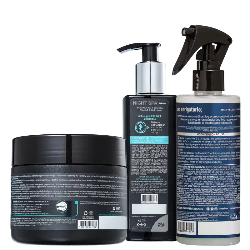 A imagem mostra produtos de cuidados capilares da marca TRUSS. Um Uso Obrigatório, uma máscara NET Mask e um Sérum Noturno Night SPA.