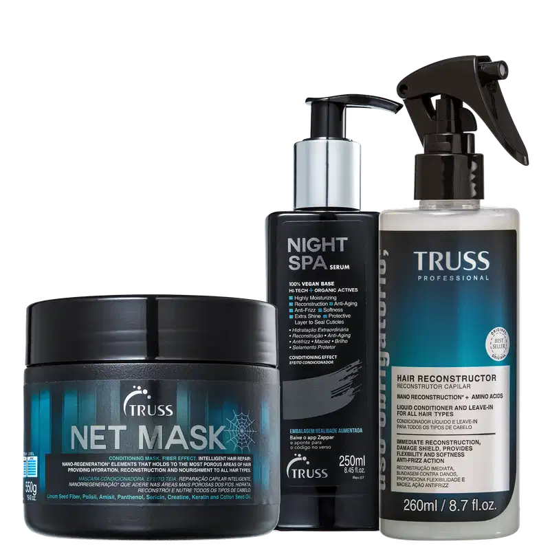 A imagem mostra produtos de cuidados capilares da marca TRUSS. Um Uso Obrigatório, uma máscara NET Mask e um Sérum Noturno Night SPA.