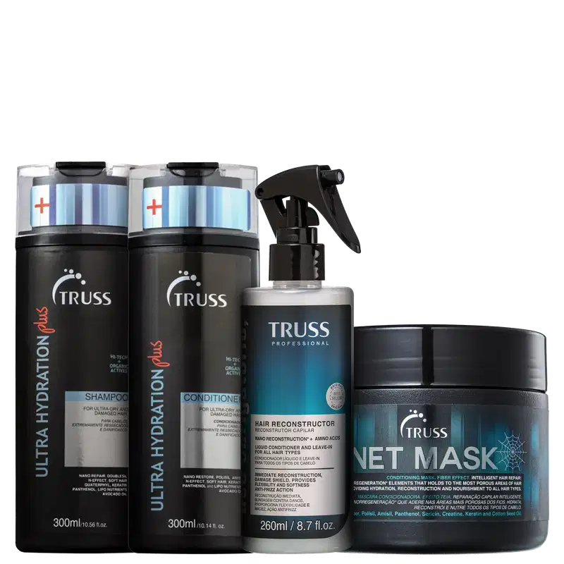 A imagem mostra uma linha de produtos para cabelos da marca Truss. Shampoo e condicionador Hydration Plus. Uso Obrigatório e NET Mask.