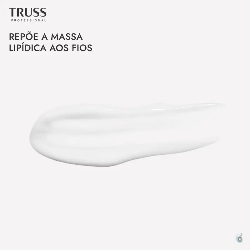 A imagem conta com o texto "REPÕE A MASSA LIPÍDICA AOS FIOS" impresso em letras maiúsculas na parte superior, com a marca TRUSS acima. Abaixo, é possível ver uma amostra de produto, na cor branca e em textura cremosa.