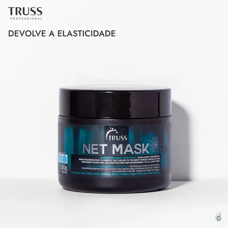 Máscara capilar Net Mask da marca TRUSS. Embalagem preta opaca em formato de pote com tampa preta brilhante. Rótulo azul e branco com informações sobre o produto, como "Conditioning Mask, Fiber Effect, Intelligent Hair Repair".