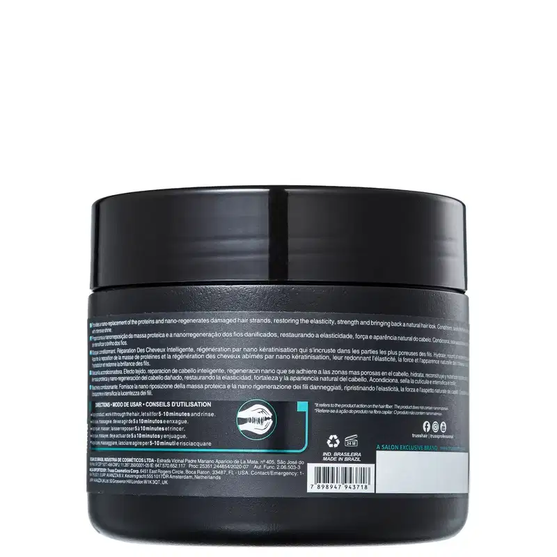 Máscara capilar Net Mask da marca TRUSS. Embalagem preta opaca em formato de pote com tampa preta brilhante. Rótulo azul e branco com informações sobre o produto, como "Conditioning Mask, Fiber Effect, Intelligent Hair Repair".