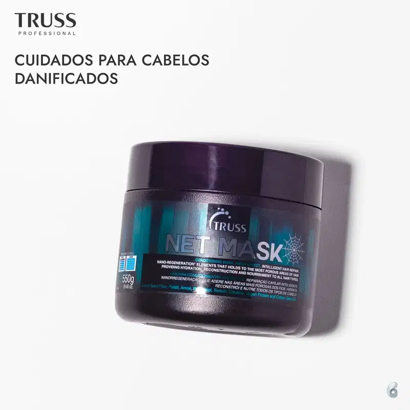 Máscara capilar Net Mask da marca TRUSS. Embalagem preta opaca em formato de pote com tampa preta brilhante. Rótulo azul e branco com informações sobre o produto, como "Conditioning Mask, Fiber Effect, Intelligent Hair Repair".