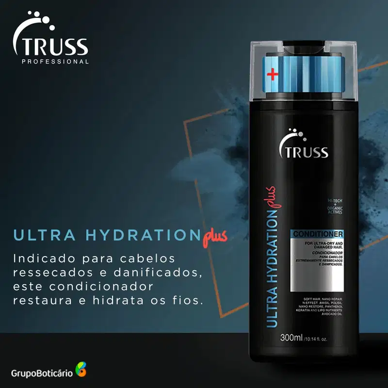 Condicionador TRUSS Ultra Hydration para cabelos danificados e secos. Embalagem plástica preta com detalhes transparentes. Rótulo preto com texto branco listando os ingredientes orgânicos e ativos de alta tecnologia.