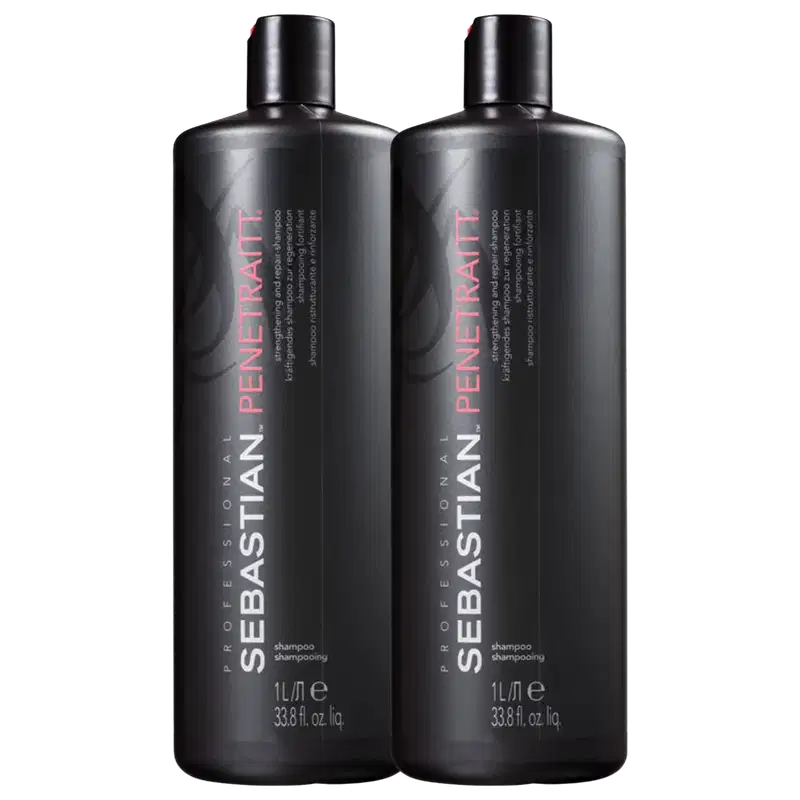 São dois frascos de shampoo da marca Sebastian Professional. Os frascos são pretos, altos e cilíndricos, com capacidade de 1 litro ou 33,8 fl oz cada.