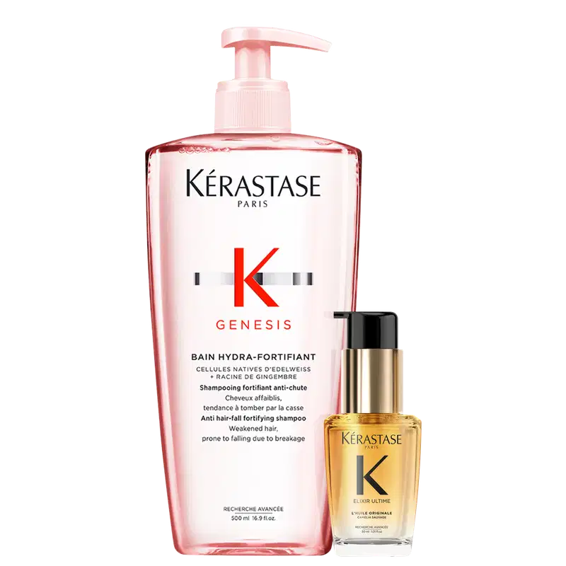 Kit Kérastase Genesis Elixir Ultime L'Huile Originale Mini, com 2 produtos, um shampoo e um óleo miniatura capilar.