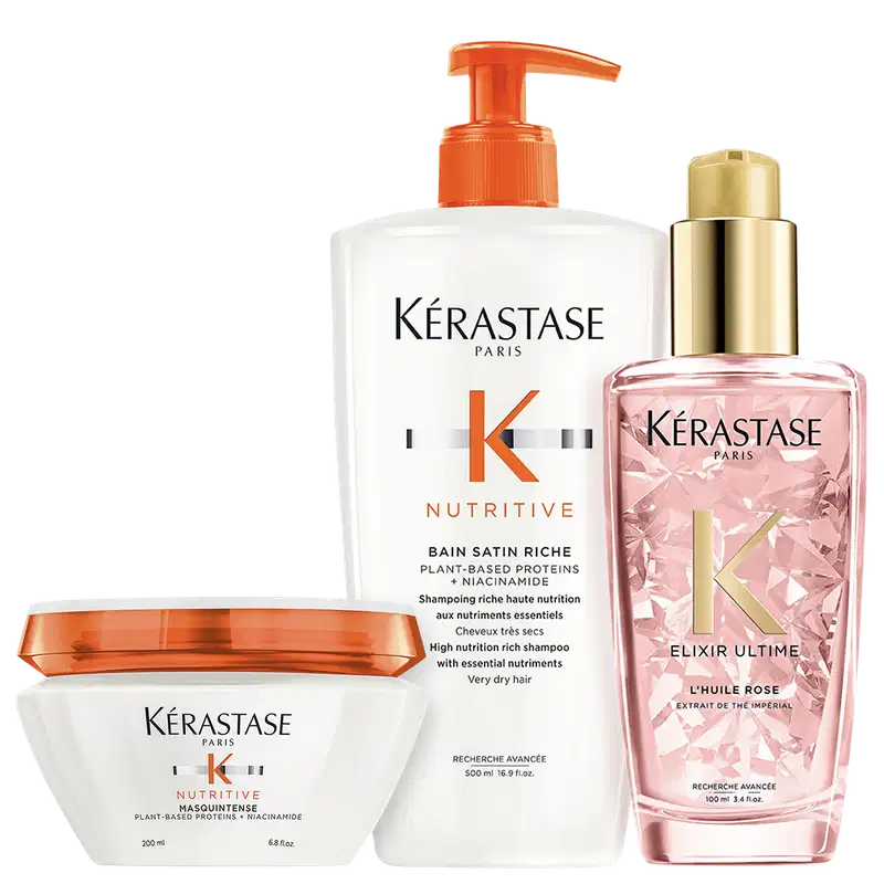Kit com shampoo e máscara capilar Nutritive, óleo capilar Elixir Ultime Rose, da marca Kerastase.