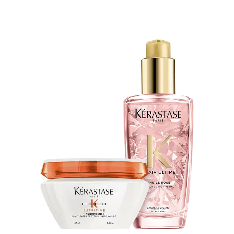 Kit com máscara capilar Nutritive, óleo capilar Elixir Ultime Rose, da marca Kerastase.