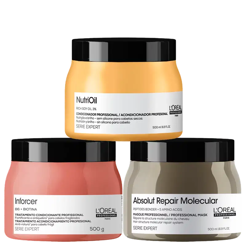 Kit L'Oréal Professionnel Absolut Repair Molecular + NutriOil + Inforcer Masks, com máscara capilar Absolut Repair Molecular, máscara capilar NutriOil e máscara capilar Inforcer, da marca  L'Oréal Professionnel