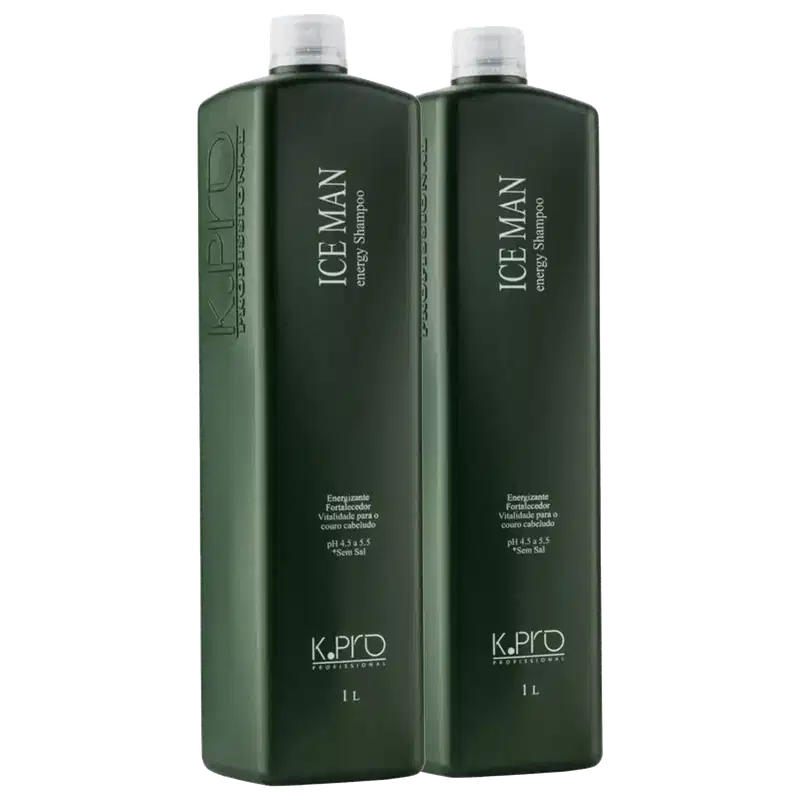 O produto apresentado na imagem são dois frascos de shampoo da marca K.Pro. Os frascos possuem um design retangular e são predominantemente na cor verde escura, com o nome da marca e do produto "Ice Man" impressos em branco.