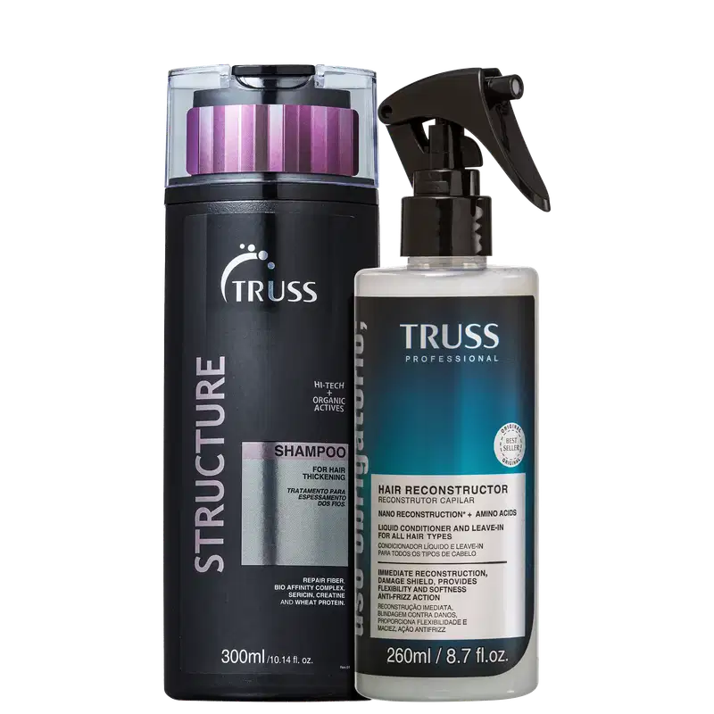 A imagem mostra dois produtos da TRUSS: Shampoo Structure 300ml e Tratamento Uso Obrigatório 260ml. Cores predominantes são o preto, o rosa e o azul.