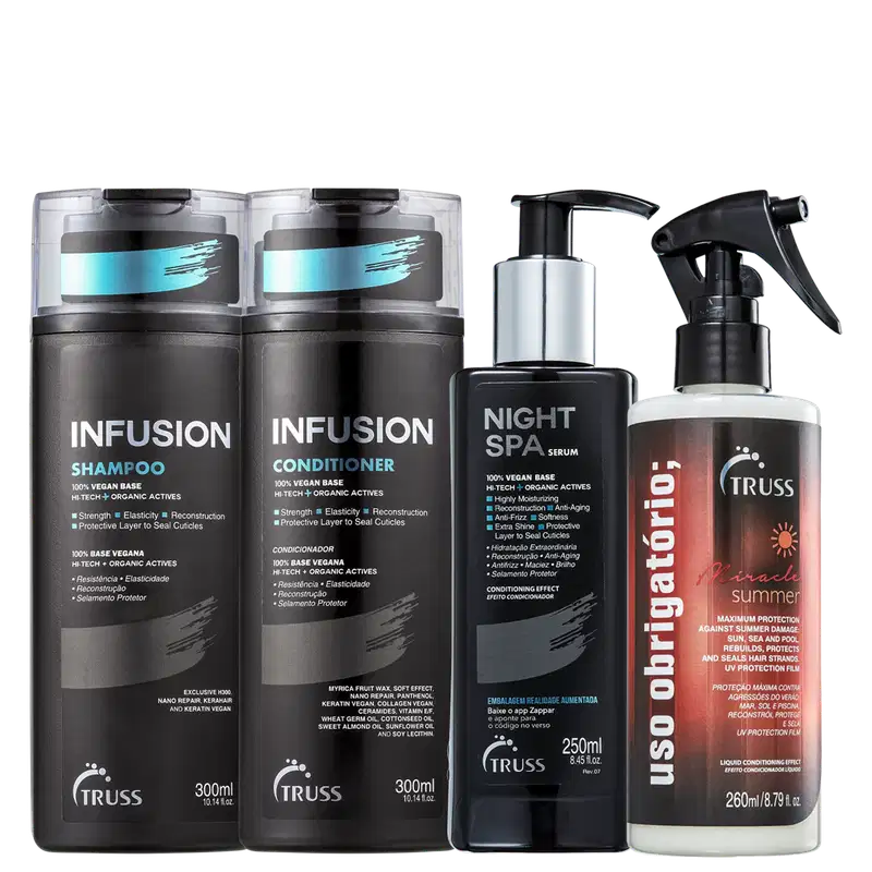 Kit com shampoo, condicionador Infusion, sérum noturno Night SPA e tratamento reconstrutor Uso Obrigatório Miracle Summer, da marca TRUSS.