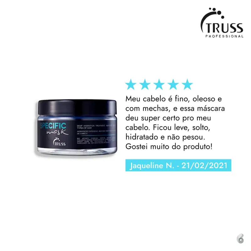 O produto apresentado é uma máscara de tratamento capilar da linha Specific da marca Truss Professional. Abaixo, há um depoimento de uma cliente elogiando os resultados da máscara em seu cabelo fino e oleoso, deixando-o leve, solto e hidratado.