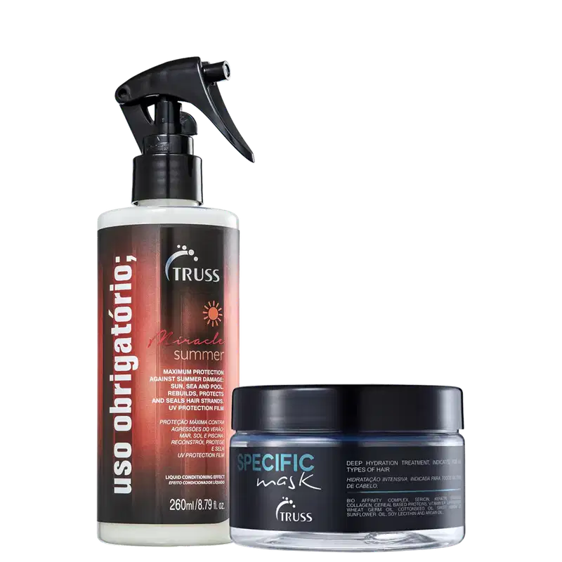 Produto de cuidado capilar da marca TRUSS. Um frasco spray vermelho de 260ml com o nome "Uso obrigatório Miracle Summer". Um pote preto com a inscrição "Specific Mask" de 180g.