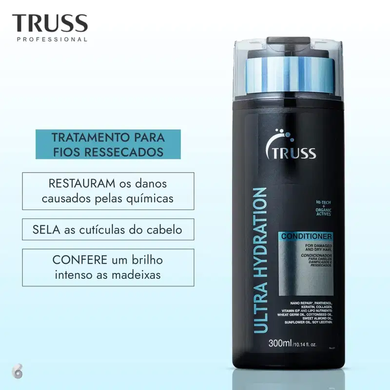 Condicionador Ultra Hydration da marca TRUSS para cabelos danificados. Rótulo com o nome do produto e descrição dos benefícios: "Tratamento para fios ressecados", "Restaura os danos causados pelas químicas", "Sela as cutículas do cabelo". Frasco de 300ml.