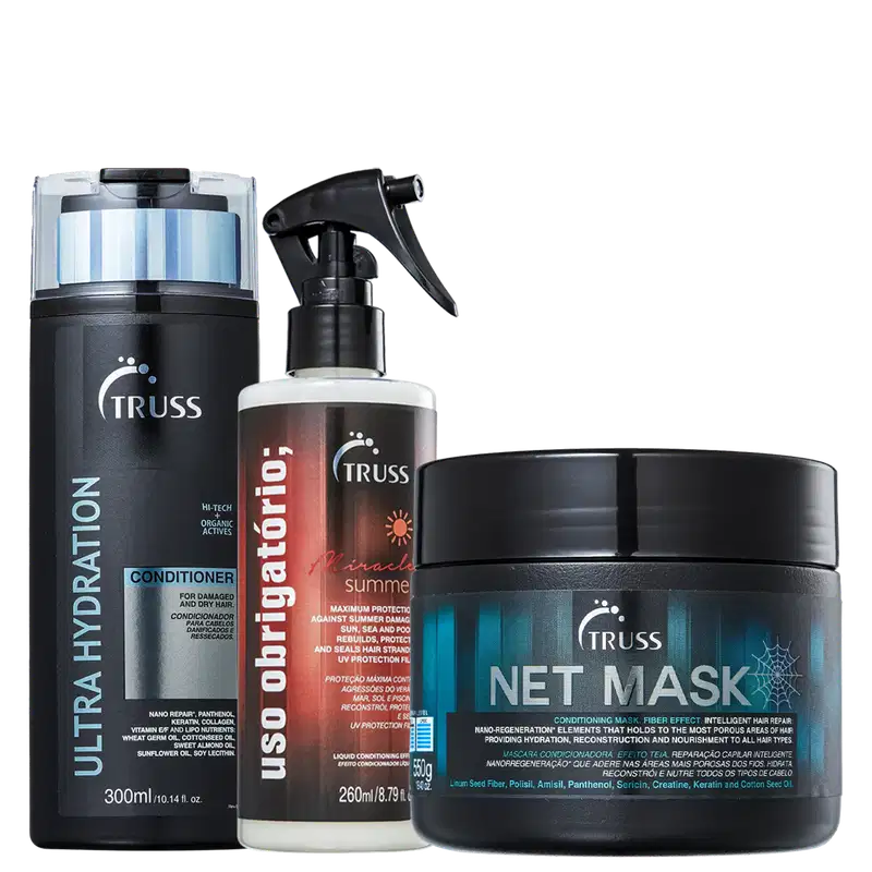 Três produtos de cuidados capilares da marca TRUSS. O primeiro é um condicionador de 300ml. O segundo é um protetor solar líquido para cabelos de 260ml. O terceiro é uma máscara capilar de 550g.