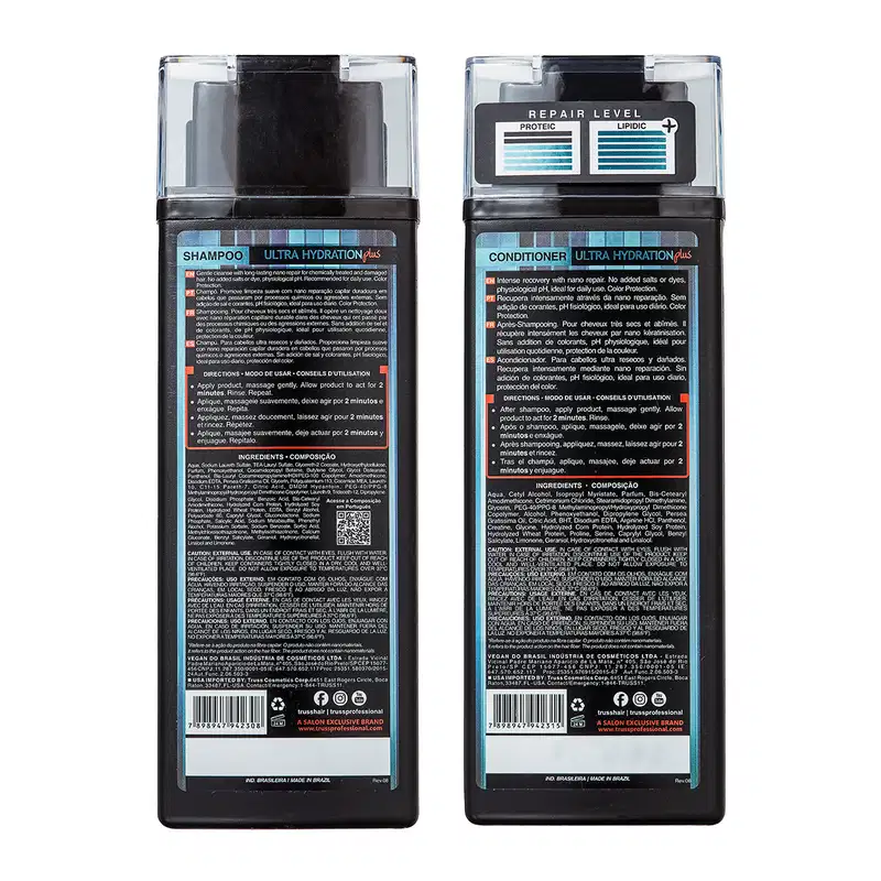 A imagem mostra o verso da embalagem do shampoo e do condicionador, contendo informações sobre os produtos.