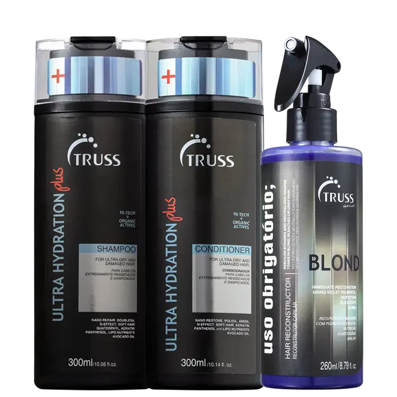 A imagem mostra um kit de TRUSS, sendo um shampoo e um condicionador da linha Ultra Hydration Plus e um frasco do uso obrigatório Blond.