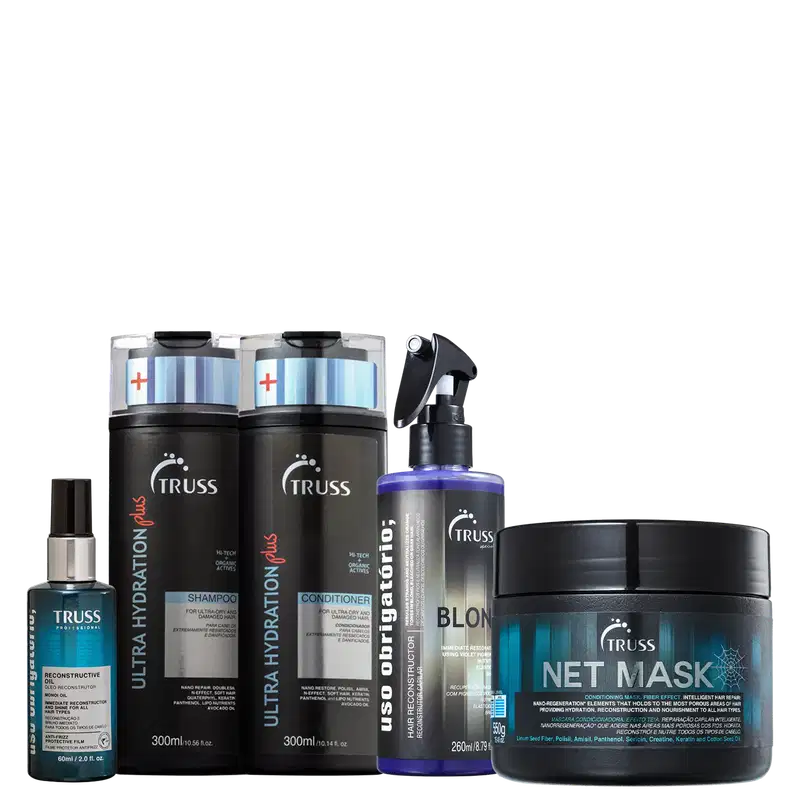 A imagem mostra um kit de TRUSS, contendo um shampoo e condicionador da linha Ultra Hydration Plus, um frasco de óleo capilar, um frasco do Uso Obrigatório Blond e um pote de máscara capilar net mask.