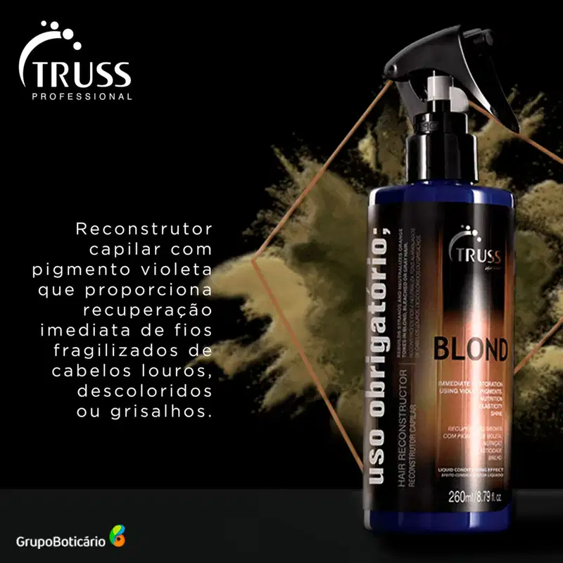 A imagem mostra o frasco do uso obrigatório Blond e ao lado texto destaca benefícios do produto.