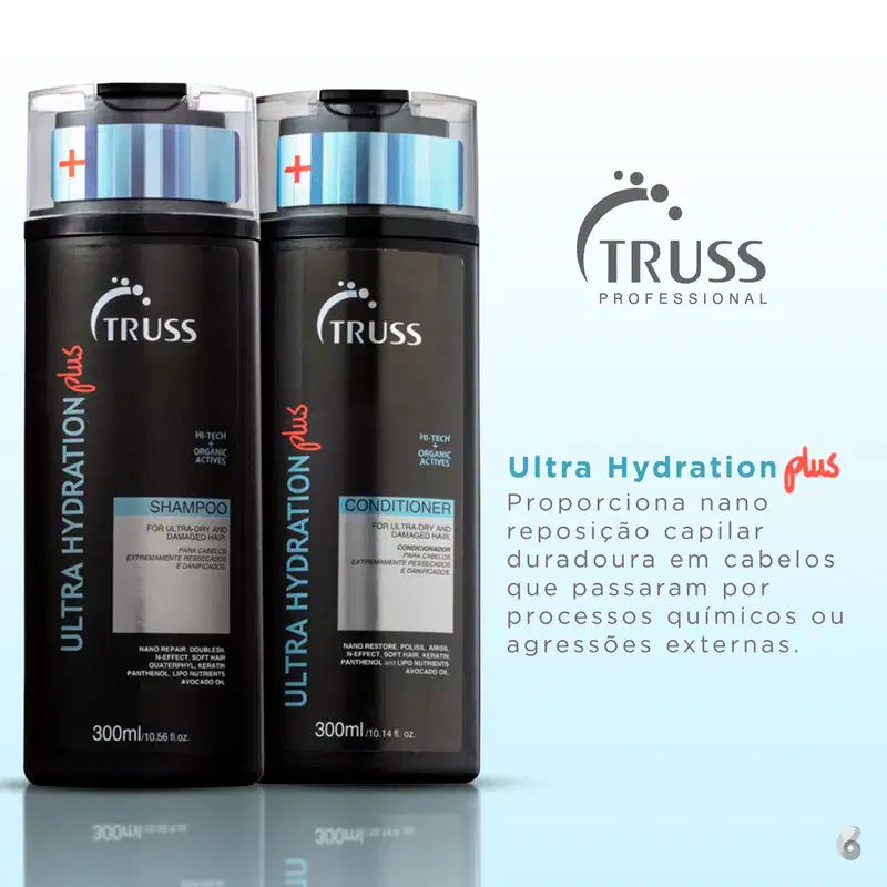 A imagem mostra o shampoo e o condicionador da linha Ultra Hydration Plus e ao lado texto destaca benefícios.