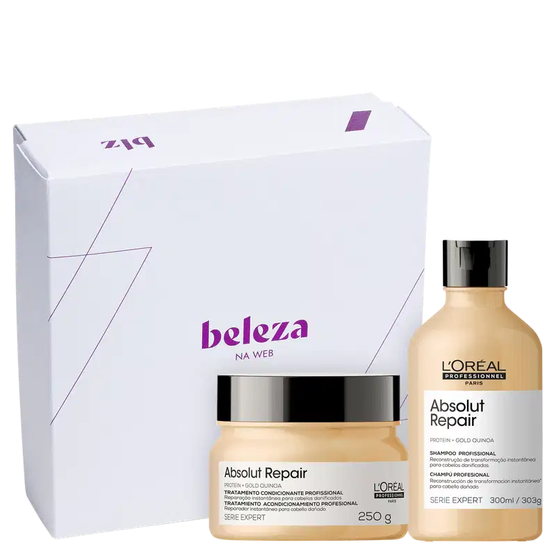 A imagem mostra caixa presenteável branca da Beleza na Web e produtos da marca L'Oréal Professionnel, da linha Absolut Repair: shampoo de 300ml e máscara de 250g.