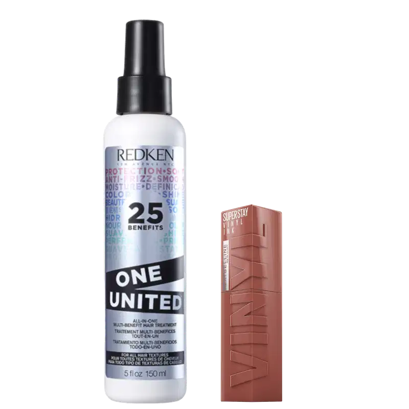Kit com o tratamento capilar Redken One United e batom líquido Maybelline Superstay Vinyl Ink.