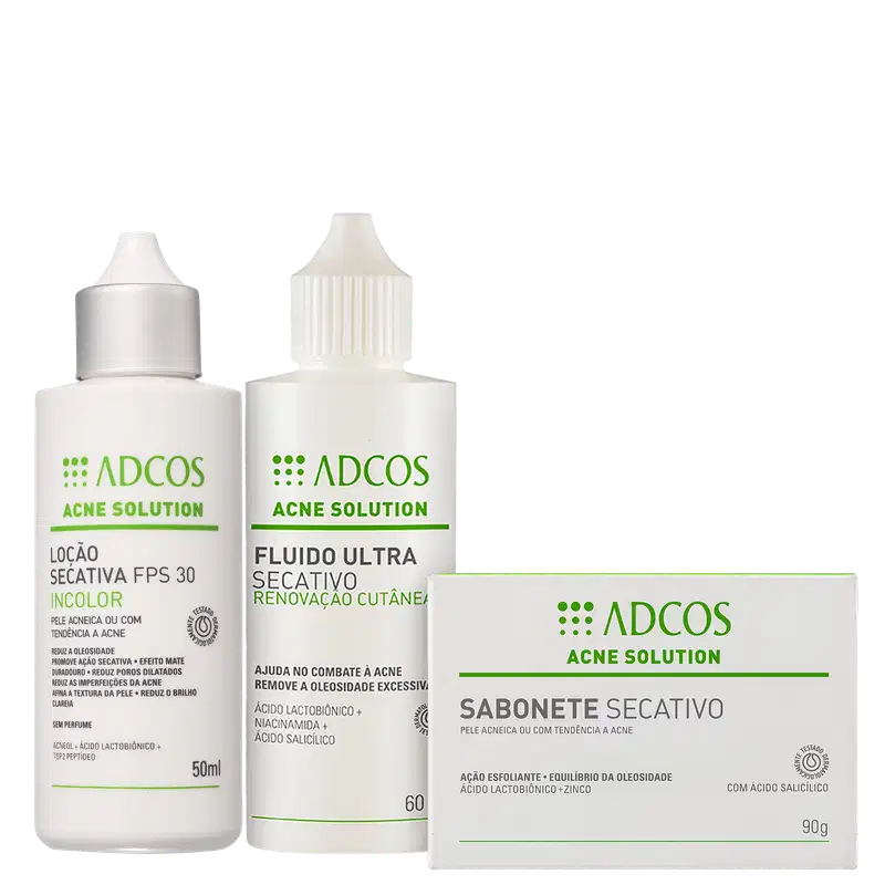 Kit Adcos Acne Solution com sabonete barra, loção secativa e fluido ultra secativo