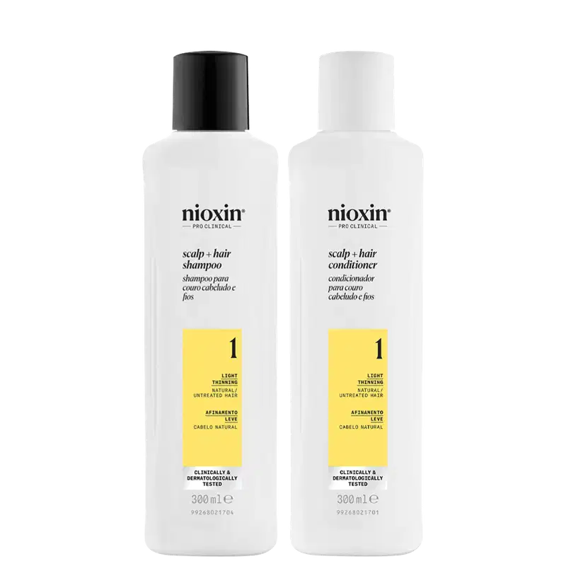 Kit com shampoo e condicionador Volume Thinning Sistema 1, da marca Nioxin.