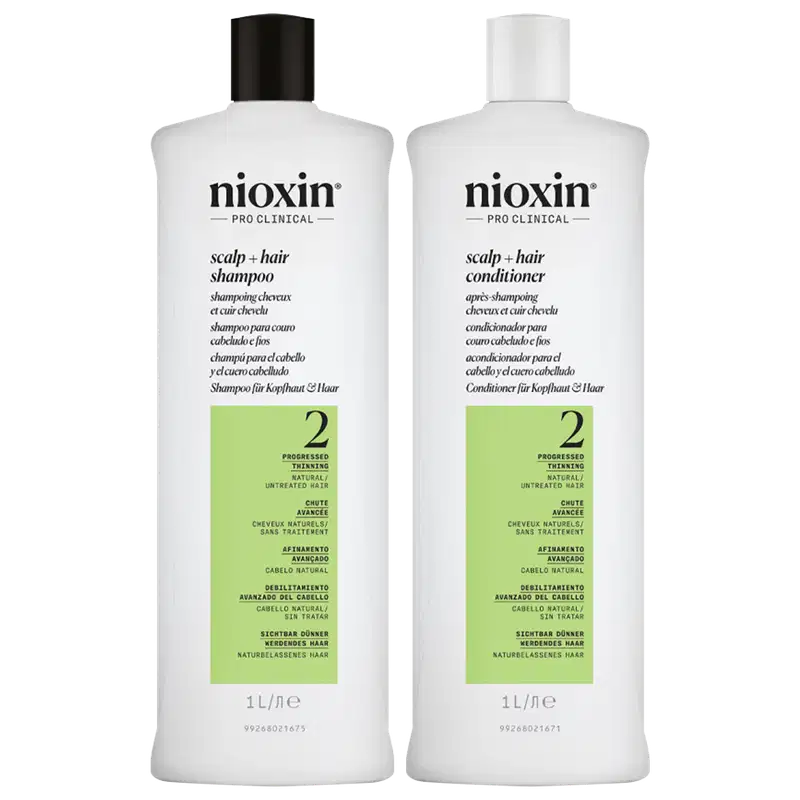 Kit com shampoo e condicionador Volume Thinning Sistema 2, da marca Nioxin.