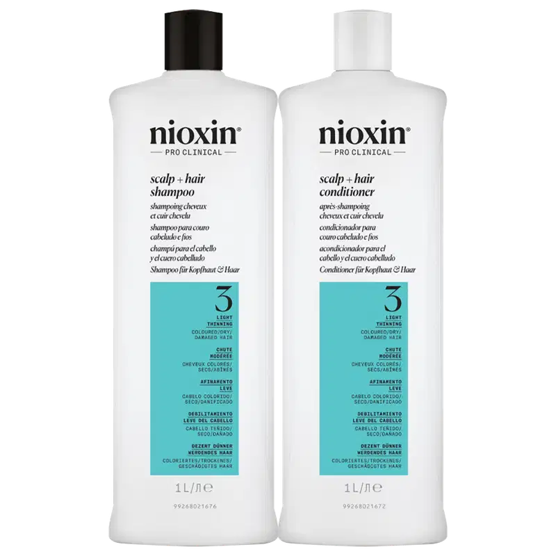 Kit com shampoo e condicionador Volume Thinning Sistema 3, da marca Nioxin.