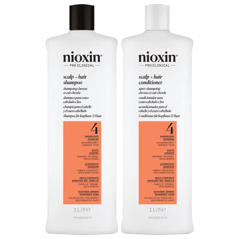 Kit com shampoo e condicionador Volume Thinning Sistema 4, da marca Nioxin.