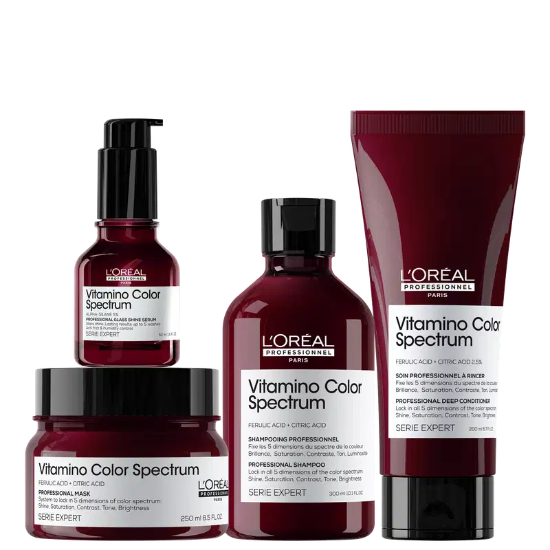 Kit L'Oréal Professionnel Vitamino Color Spectrum: Shampoo 300ml; Condicionador 200ml; Máscara Capilar 250ml; e Sérum Capilar 50ml