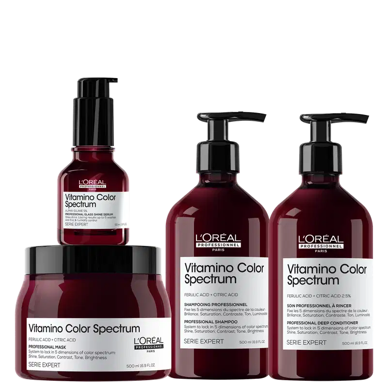 Kit L'Oréal Professionnel Vitamino Color Spectrum: Shampoo 500ml; Condicionador 500ml: Máscara Capilar 500ml; e Sérum Capilar 50ml