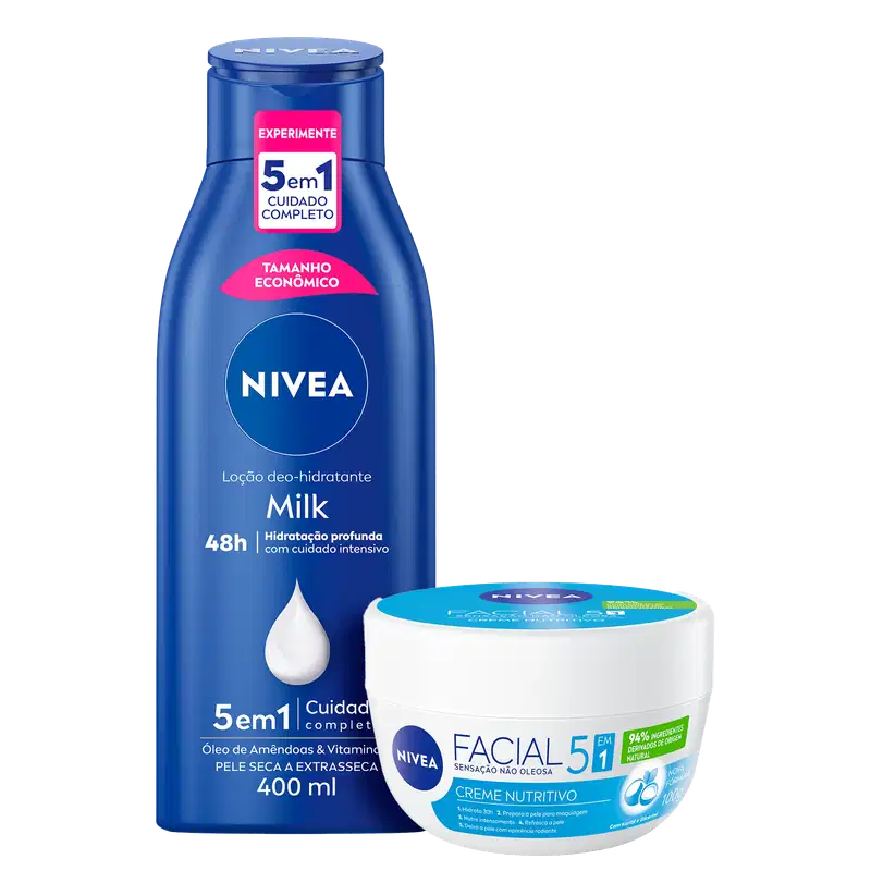 Kit NIVEA Milk + Facial 5 em 1, 2 produtos.