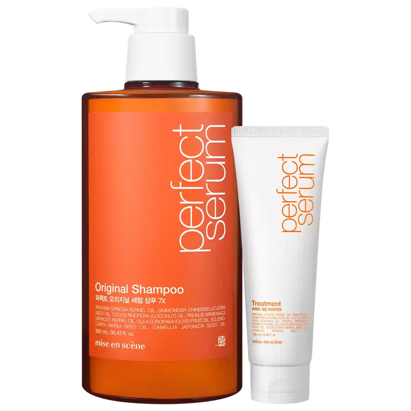 O produto de beleza Mise en Scène consiste em um frasco de shampoo laranja e máscara capilar, da linha Perfect Serum.