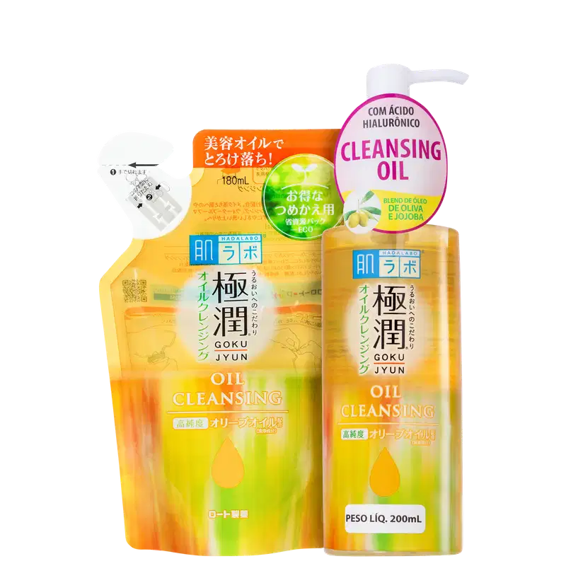 Dois frascos de óleo de limpeza da marca Hada Labo, com embalagens em tons de amarelo e laranja. Um frasco é maior, com 200 ml, e o outro versão refil, com 180 ml.