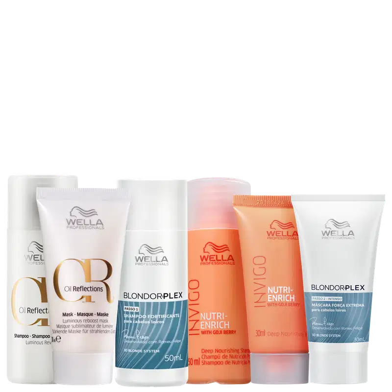 Produtos da marca Wella Professionals, incluindo shampoo e máscara das linhas BlondorPlex, Oil Reflections e Invigo Nutri-Enrich, com volumes de 30 e 50ml