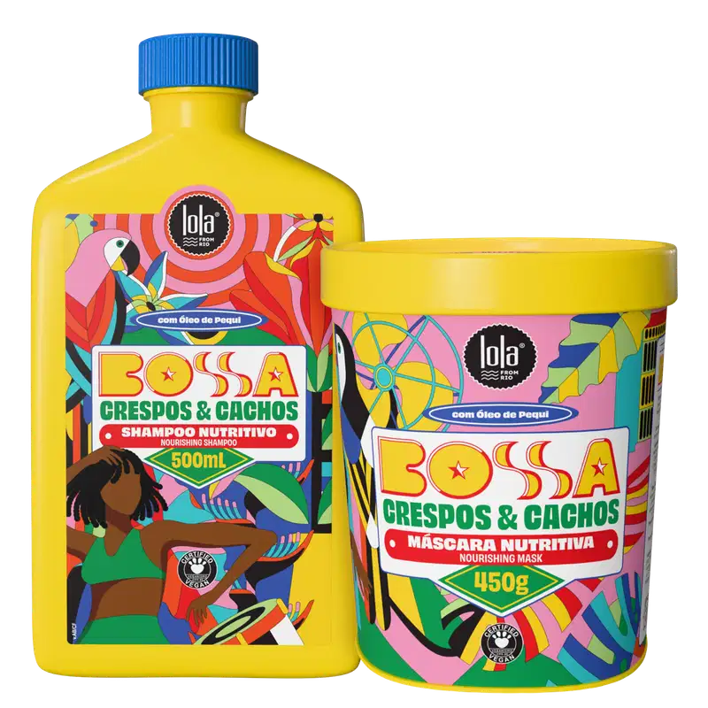Produtos da marca Lola From Rio, incluindo um frasco de shampoo nutritivo Bossa Crespos & Cachos de 500 ml e um pote de máscara nutritiva Bossa Crespos & Cachos de 450 g, com embalagens coloridas e vibrantes em tons de amarelo, rosa e azul.