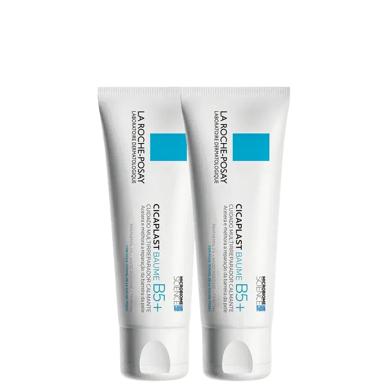 Dois tubos de creme da marca La Roche-Posay, com rótulos azuis e brancos, exibindo o nome "Cicaplast Baume B5+" e informações sobre o produto.