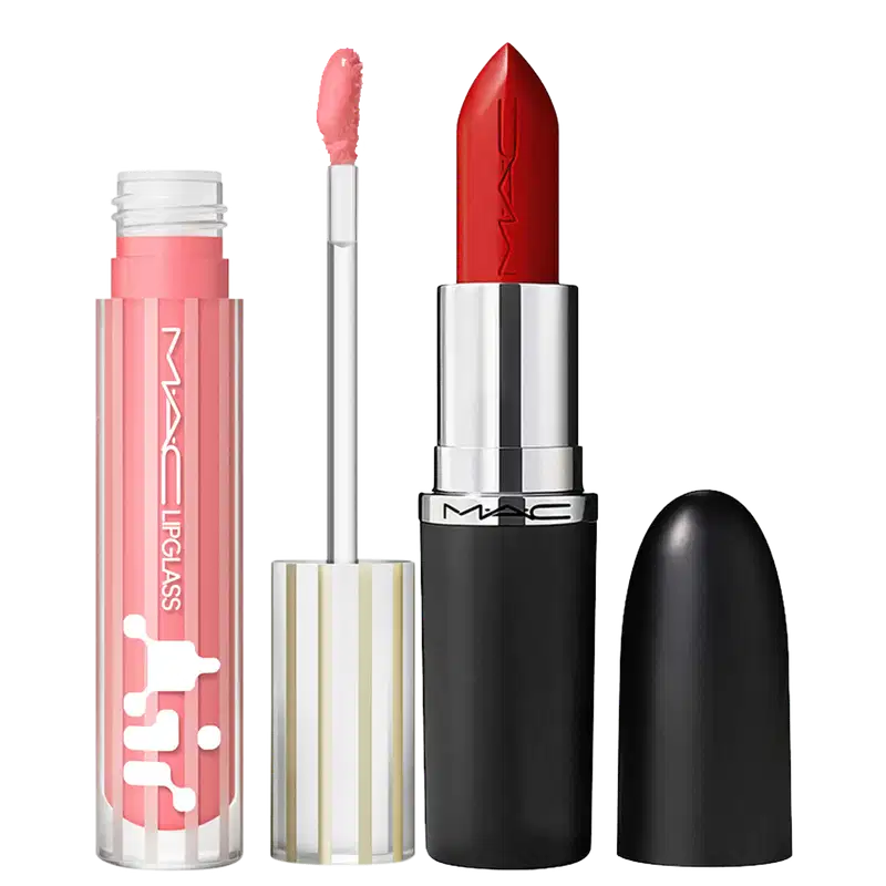 Kit M·A·C MACximal Satin Left On Red + Lipglass Airshine Snobbish, 2 produtos.