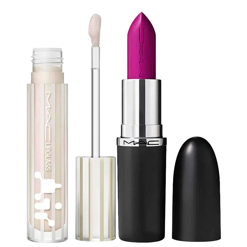 Kit M·A·C MACximal Satin Violet Vapor + Lipglass Airshine Frosting, 2 produtos.