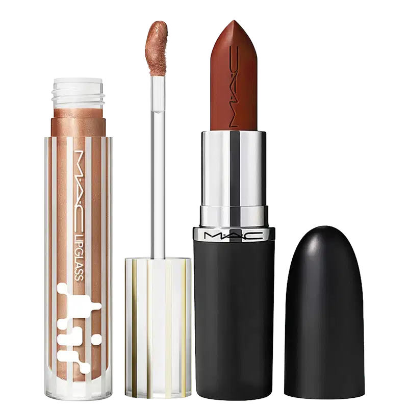 Kit M·A·C MACximal Satin Espresso Yourself + Lipglass Air Shade Extension So Golden, 2 produtos.