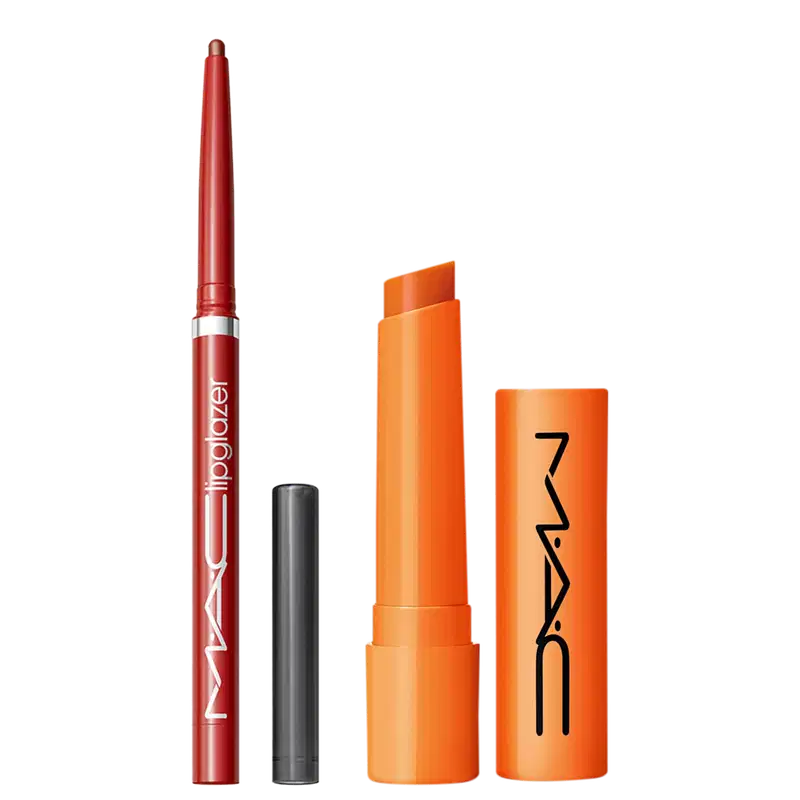 Kit M·A·C Squirt Hazard + Lipglazer Glossy Liner Ribbon, 2 produtos.